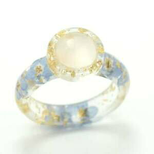 yzWG[EANZT[ OsNNH[cJ{VTCY?bague en resine, fleur de myosotis bleue, cabochon quartz rose, taille 43 a 76