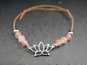 �y���������z�W���G���[�E�A�N�Z�T���[ �K���X�r�[�Y���[�^�X�u�����b�N���U�[�u���X���b�g�V���o�[�z���C�g���[�Ybracelet en cuir avec perles en verre et lotus breloque rose blanc argent