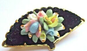 �y���������z�W���G���[�E�A�N�Z�T���[ �u���[�`�t�@�����B���e�[�Wbroche ancienne couleur or eventail motif floral porcelaine bijou vintage 2948