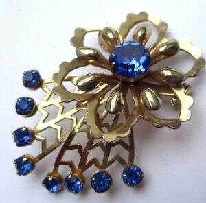 yzWG[EANZT[ u[`Be[WNX^Tt@CAbroche couleur or ancien bijou vintage fleur relief ajoure cristaux saphir 2666