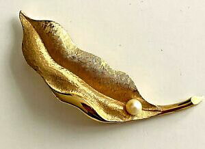 yzWG[EANZT[ O[gBe[Wu[`S[hp[grande broche vintage feuille dore perle 9,1cm magnifique