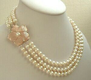yzWG[EANZT[ zCgJ[J`[p[mesdames, 3 rangees collier blanc perle de culture, 43cm, 7mm