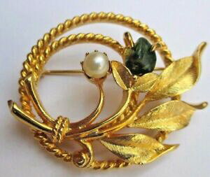 �y���������z�W���G���[�E�A�N�Z�T���[ �T���S�[���h�S�[���h�u���[�`broche ancienne bijou vintage dore or fin perle fine jade signe sarah cov *2395