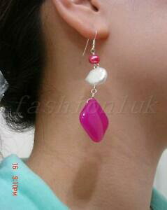 yzWG[EANZT[ Vo[}bVuzCgp[[YAQ[gCOfemmes veritable 925 argent massif blanc perle rose agate boucles doreilles gb