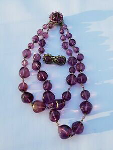 yzWG[EANZT[ KXAWXgJ[veBlbNXu[`p[joli collier et broche perles en verre couleur amethyste