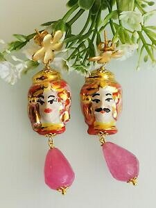 yzWG[EANZT[ IbL[jReXefBCZ~bN^fBJ^W[lGSb`FAK^[Uorecchini con teste di moro in ceramica di caltagirone e gocce agata ros