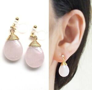 yzWG[EANZT[ gemstone teardrop pink rose quartz drop invisible clip on earrings gold