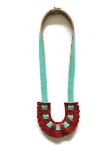 �y���������z�W���G���[�E�A�N�Z�T���[ �t�����W���U�[�l�b�N���X�^�[�R�C�Y���b�h�f�U�C��collana pelle frangia fatto a mano ecologico donna design turchese e rosso