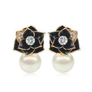 yzWG[EANZT[ S[hCO[Y[YubNS[hbLp[orecchini dorato rosa fiore rosa nero perle placcato oro cz sottile g3 87