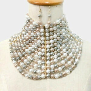 yzWG[EANZT[ bNXueBbNS[hChuEp[WRlbNXluxe dichiarazione doro ampia marrone grigio perla girocollo collana set da rocce boutique