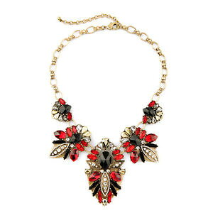 �y���������z�W���G���[�E�A�N�Z�T���[ �V���[�g�S�[���h�t���[�����A�[�g�f�R���b�h�u���b�N���g���N���X�^��collana corto dorato floreale arte deco rosso nero cristallo retro az 1