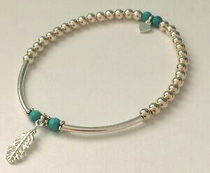 yzWG[EANZT[ Vo[X^[O^[RCYtFU[r[YuXbg`[argento sterling turchese con perline piuma bracciale con charm, fatto a mano da donna reg