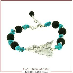 �y���������z�W���G���[�E�A�N�Z�T���[ �G�g�i�V�`���A�^�[�R�C�Y�u���X���b�gbracciale in turchese naturale e lava dell etna sicilia argento 925