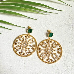 yzWG[EANZT[ EhCOOmWR[lsbcH}JCgO[S[hbLorecchini rotondi grano zircone pizzo malachite verde placcato oro 18k gd2