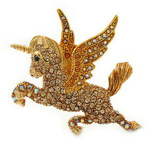 yzWG[EANZT[ AeB[NS[hg[I[XgANX^jR[u[`IWOstunning austrian crystal unicorn brooch in antique gold tone ab, orange, lig