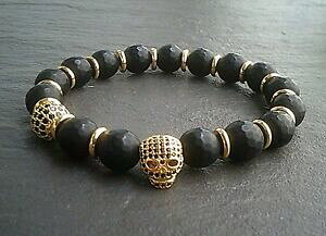 yzWG[EANZT[ Yi`WFXg[r[YuXbgIjNXS[hXJwomens mens natural gemstone beads braccialetto elastico 10mm onyx gold skull uk