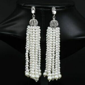 yzWG[EANZT[ ^bZ||zCgp[orecchini a perno arte deco argentato tassel pompon piccolo perle bianco xx36