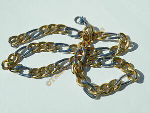 yzWG[EANZT[ `FCRA[}CtBKfIA[WFghvPAVGXeXchaine collier 60 cm maille figaro 13 duo argent dore plaque or acier inox 11mm