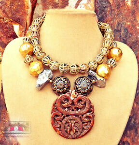 yzWG[EANZT[ y_gWFChNH[cx[WA[gAtJcollana grande ciondolo marrone intagliato giada quarzo beige arte africano rame