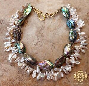 yzWG[EANZT[ ArpEAr[`Ob\lbNXvYrp[abalone paua spiaggia grosso xl sposa collana grande bianco prisma biwa perle