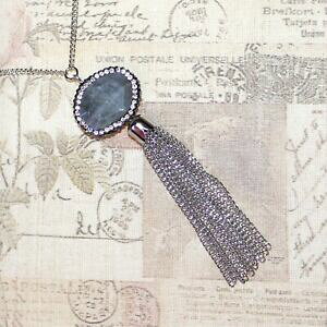 yzWG[EANZT[ ibpy_gAK^XgX_[NVo[tbp[OlbNXflapper lunga collana con argento scuro con agata strass luccicanti con nappa ciondolo