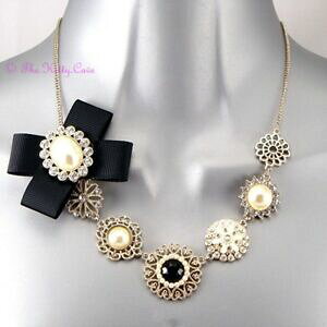 yzWG[EANZT[ Be[WubNVN{ES[hhXlbNXdecorativo vintage nero seta fiocco filigrana oro abito collana con