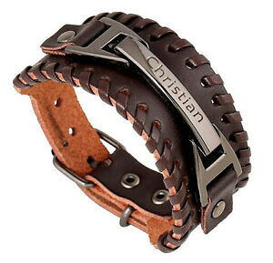 �y���������z�W���G���[�E�A�N�Z�T���[ �u���E���u���b�N�X�e�����X�x�����U�[�u���X���b�gid vera pelle bracciale con piastra in acciaio inox incl incisione a scelta marronenero