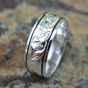 yzWG[EANZT[ nCAVo[X^[OXN[ubN{[_[t[EFfBOOhawaiano argento sterling scorrere nero confine fiore anello di matrimonio 8mm