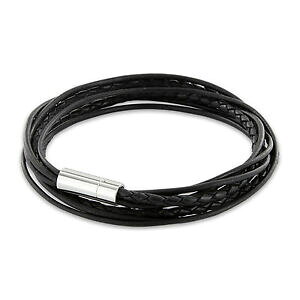 yzWG[EANZT[ XeX{cuoio nero intrecciato e pelle lisci nastri in acciaio inox chiusura magnetica