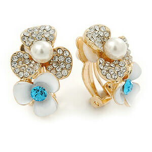 yzWG[EANZT[ NX^_uNbvt[p[S[hbLCOcristallo, perla fiore doppio a clip orecchini in oro placcatura 25mm l