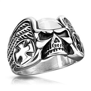 �y���������z�W���G���[�E�A�N�Z�T���[ �X�e�����X�I�[�e�B�KRanello da uomo in acciaio inox teschio skull croce di ferro ala autiga R