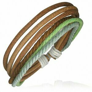 yzWG[EANZT[ uXbgAWugvGN[uAxbNXgOXulebracelet ajustable triple en cuir brun avec corde verte brune et menthe