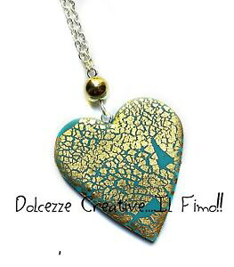 yzWG[EANZT[ ^[RCYn[glbNXtBACfAcollana con cuore color turchese con foglia oro idea regalo fimo cernit