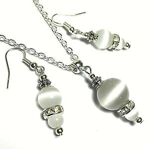 yzWG[EANZT[ Vo[lbNXCOp[zCgLbgACOXr[Y`F[457cm collana argento orecchini parure gatto bianco occhio vetro perlina catena