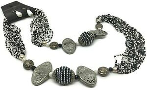 【送料無料】ジュエリー・アクセサリー ビジューネックレスブラックホワイトシードビーズシルバートーンホワイトイヤリングbijoux collana nero bianco seme perline inciso argentotono i dischi orecchini bianc