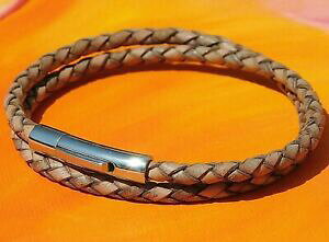 yzWG[EANZT[ CxCA[gx[WU[XeXX`[uXbgdonna 4mm beige in pelle intrecciata amp; bracciale in acciaio inox da lyme bay art