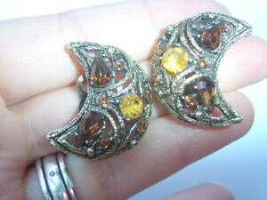 yzWG[EANZT[ Be[WS[hAo[uENX^NbvCOvintage crescent moon shape old gold amp; ambra brown col cristalli orecchini a clip