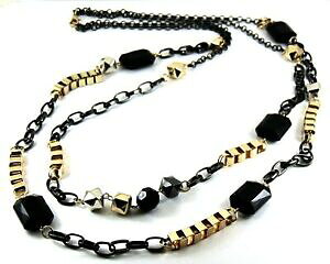 yzWG[EANZT[ eNX`r[YlbNXdue strappo graduato collana con trama grossa nero lucite e argento e oro perline