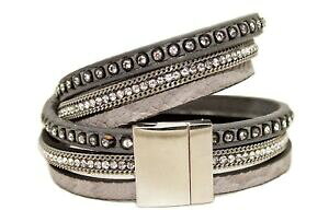 �y���������z�W���G���[�E�A�N�Z�T���[ ���C���X�g�[���_�u���`�F�[���u���X���b�g���b�v�O���W�I���C���}�O�l�b�g�N���[�W���[con strass e catena doppio bracciale wrapgrigio 3 fili con chiusura magnetica