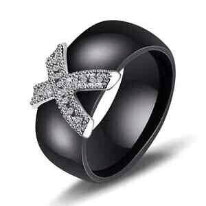 yzWG[EANZT[ oOAm[bNXZ~Nm[GXgXAVGCILVuVo[e[bague anneau luxe ceramique noir et strass acier inoxydable argente taille 52