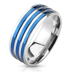yzWG[EANZT[ YOX`[anello uomo acciaio tre linee blu