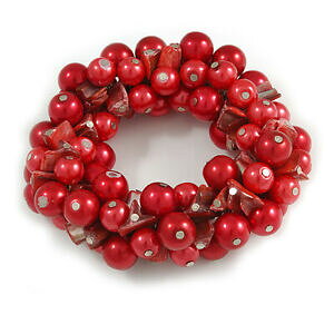 yzWG[EANZT[ \bhJ[KXp[V[VFysetbNXuXbgtinta unita trama grossa perla di vetro rosso, sea shell pepite flex bracciale 18cm l