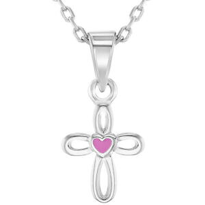 【送料無料】ジュエリー・アクセサリー シルバーエナメルピンクオープンハートクロスペンダントネックレスネックレス925 argento smalto rosa cuore aperto croce ciondolo collana bambini 406cm