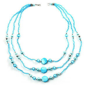 yzWG[EANZT[ OVFOXp[lbNXANA3strand a long shell e collana di perle di vetro aqua
