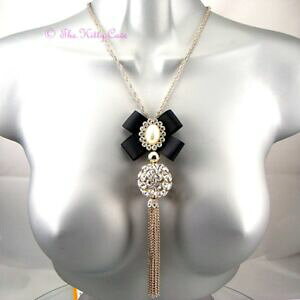 yzWG[EANZT[ Be[WubNVN{ES[h_xYOlbNXXtXL[decorativo vintage nero seta fiocco oro tasselli lungo collana con swarovski