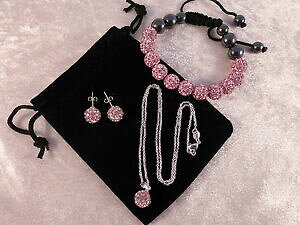 yzWG[EANZT[ Xp[NONX^sN{[lbNXCOuXbgZbgobOcristalli scintillanti rosa palla collana, orecchini amp; bracciale set gratis bo