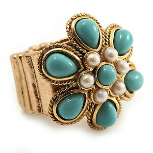 yzWG[EANZT[ AN^[RCYr[Yt[Xgb`O^S[hg[perlina color turchese acrilico fiore anello stretch tono oro in metallo