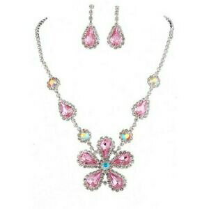 yzWG[EANZT[ XgXt[sNhbvZbgRA[COlbNXset collier e orecchini collana di strass iridescente fiore gocce rosa