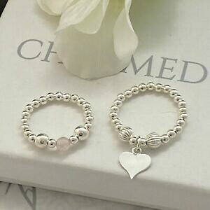 yzWG[EANZT[ Vo[X^[OOXgb`X^bLOONH[csNn[g`[argento sterling anelli stretch impilamento anelli quarzo rosa cuore charm 925