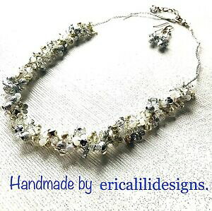 yzWG[EANZT[ ??zCgW[W[Vo[p[~bNXr[YlbNXCOZbgC`?? fatto a mano maglia bianco silver pearl mix perline collana orecchini set 18 p